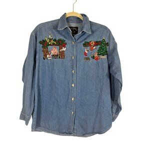 Vintage Christmas Denim Shirt M Blue Festive Holiday Classic Chic 80s Preppy